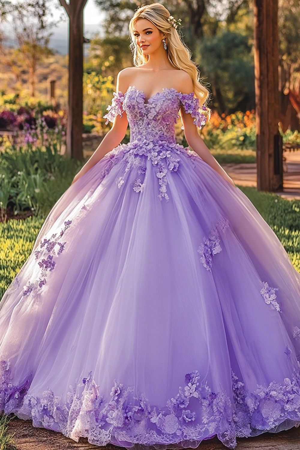 Lilac Floral Off the Shoulder Applique Princess Tulle Quinceanera Dress