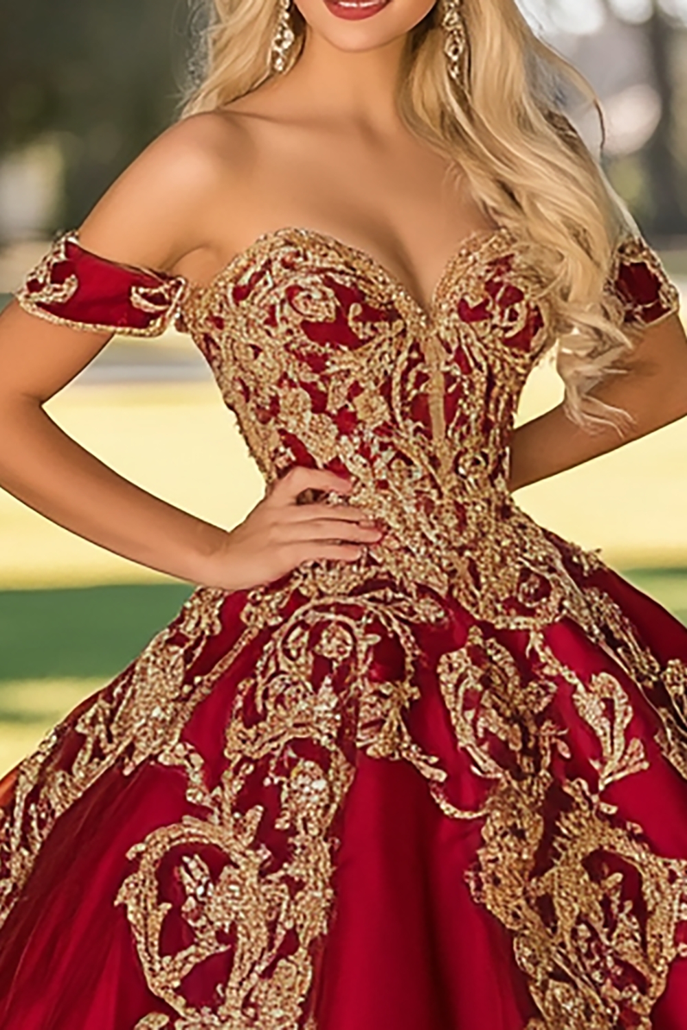 Red Off the Shoulder Applique Ball Gown Satin Quinceanera Dress
