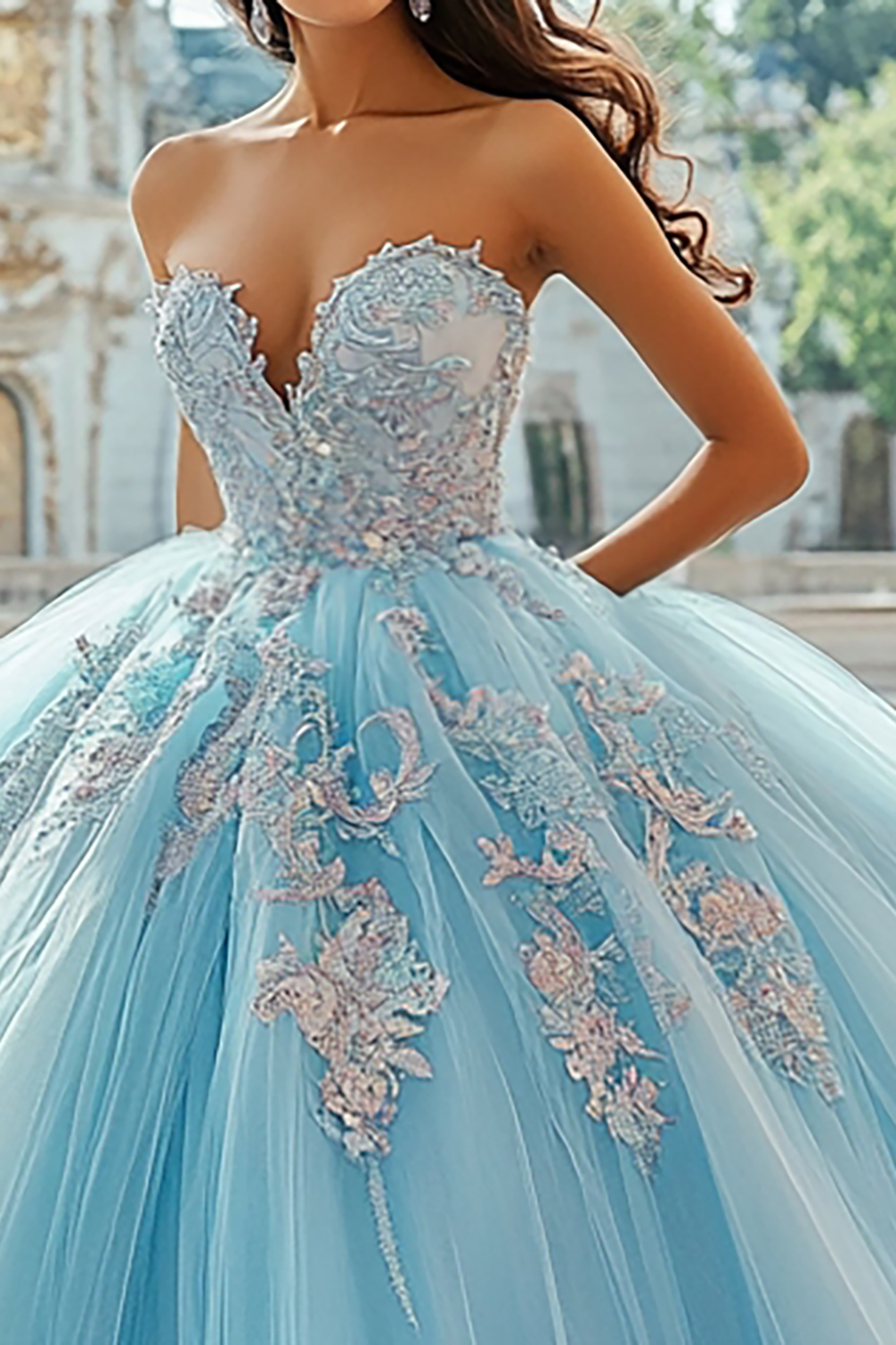 Sky Blue Ball Gown Sweetheart Applique Tulle Quinceanera Dress