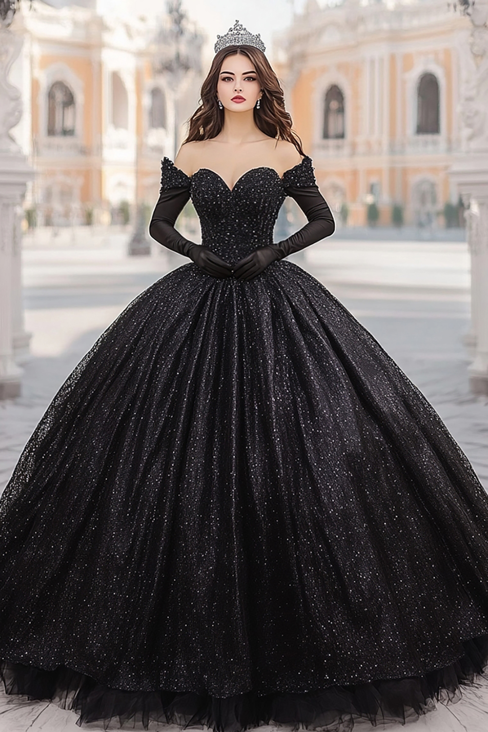 Sparkly Black Sequin Ball Gown Cold Shoulder Quinceanera Dress With Appliques