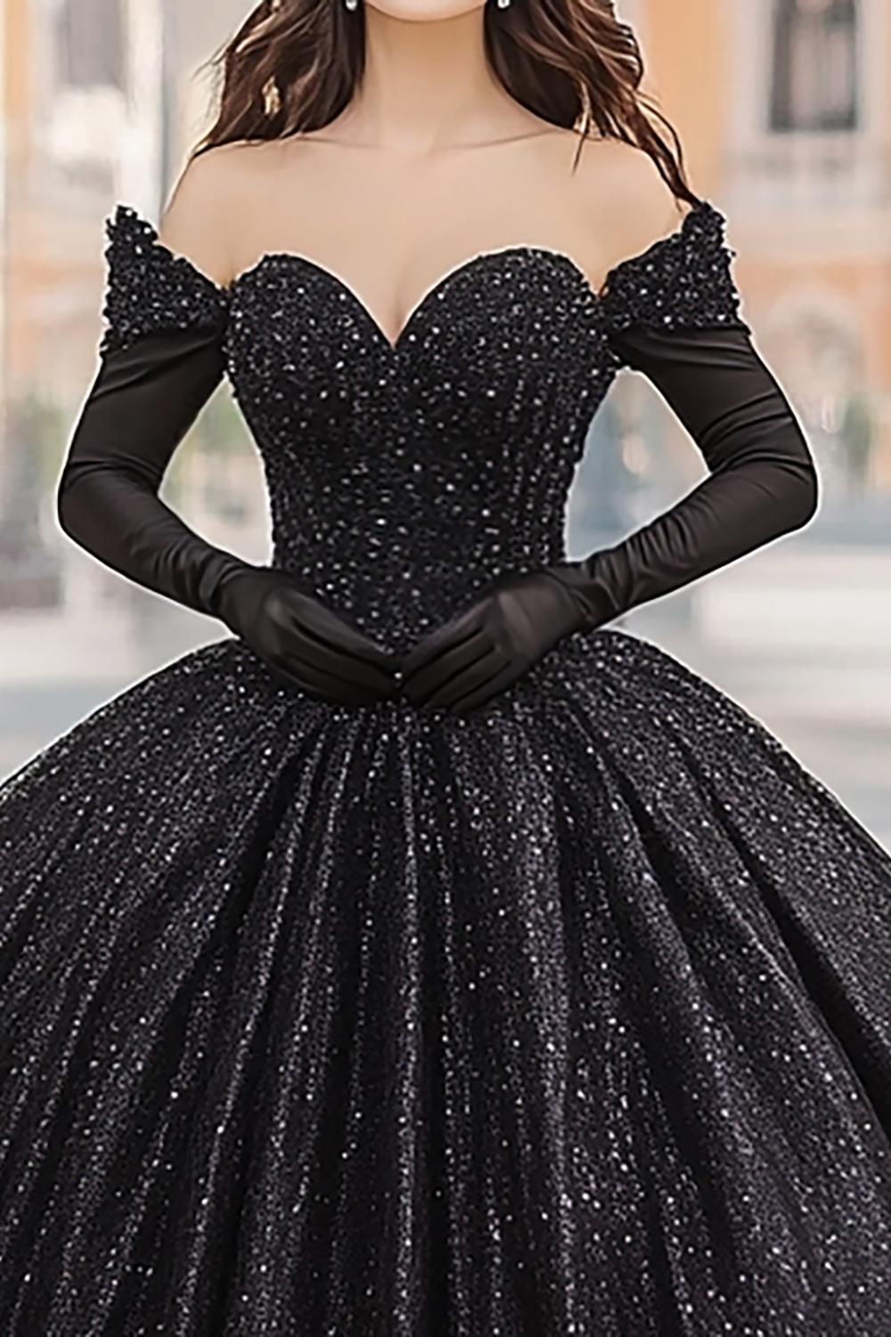 Sparkly Black Sequin Ball Gown Cold Shoulder Quinceanera Dress With Appliques