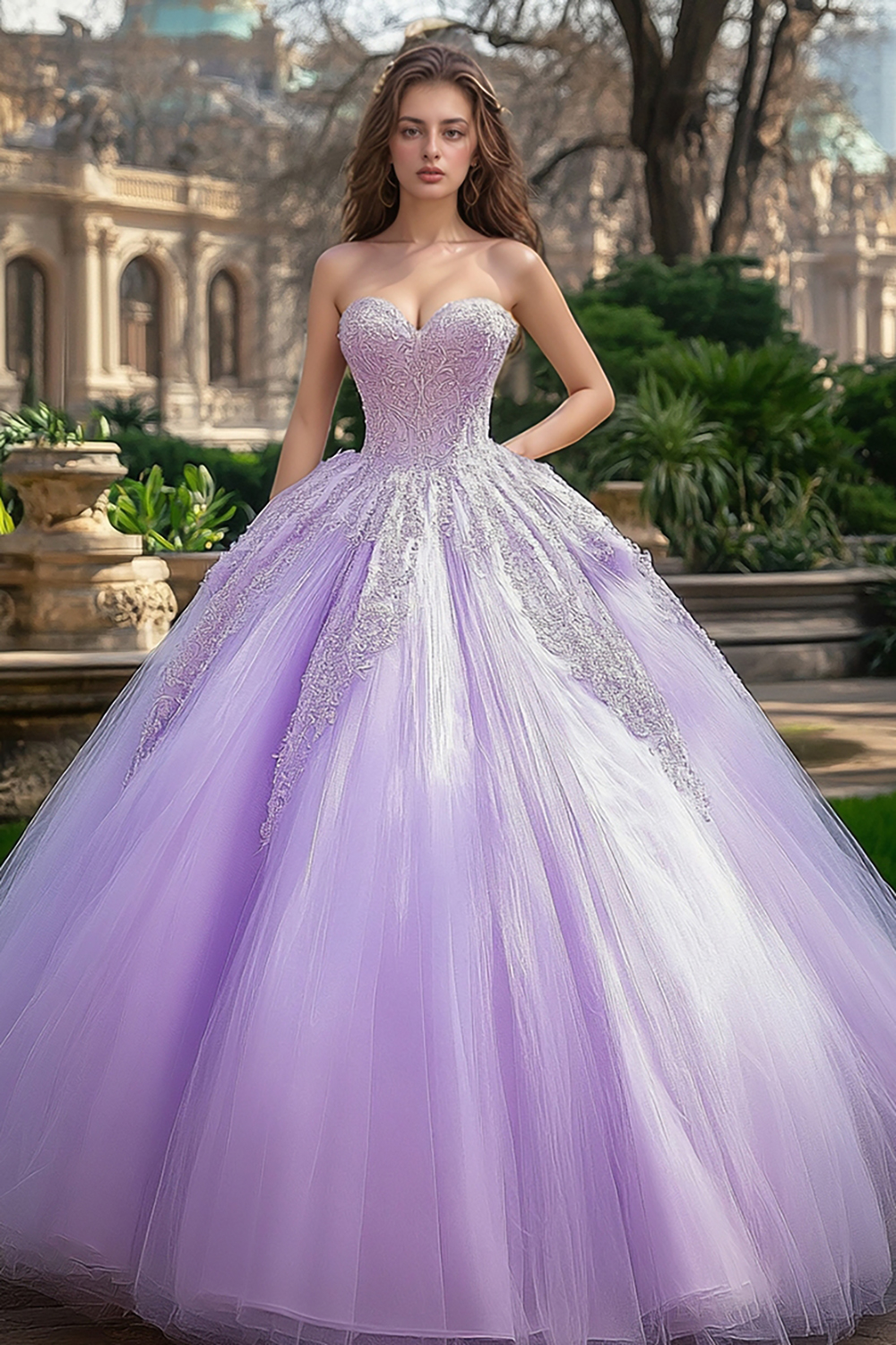 Graceful Lilac Ball Gown Strapless Lace Tulle Quinceanera Dress With Appliques