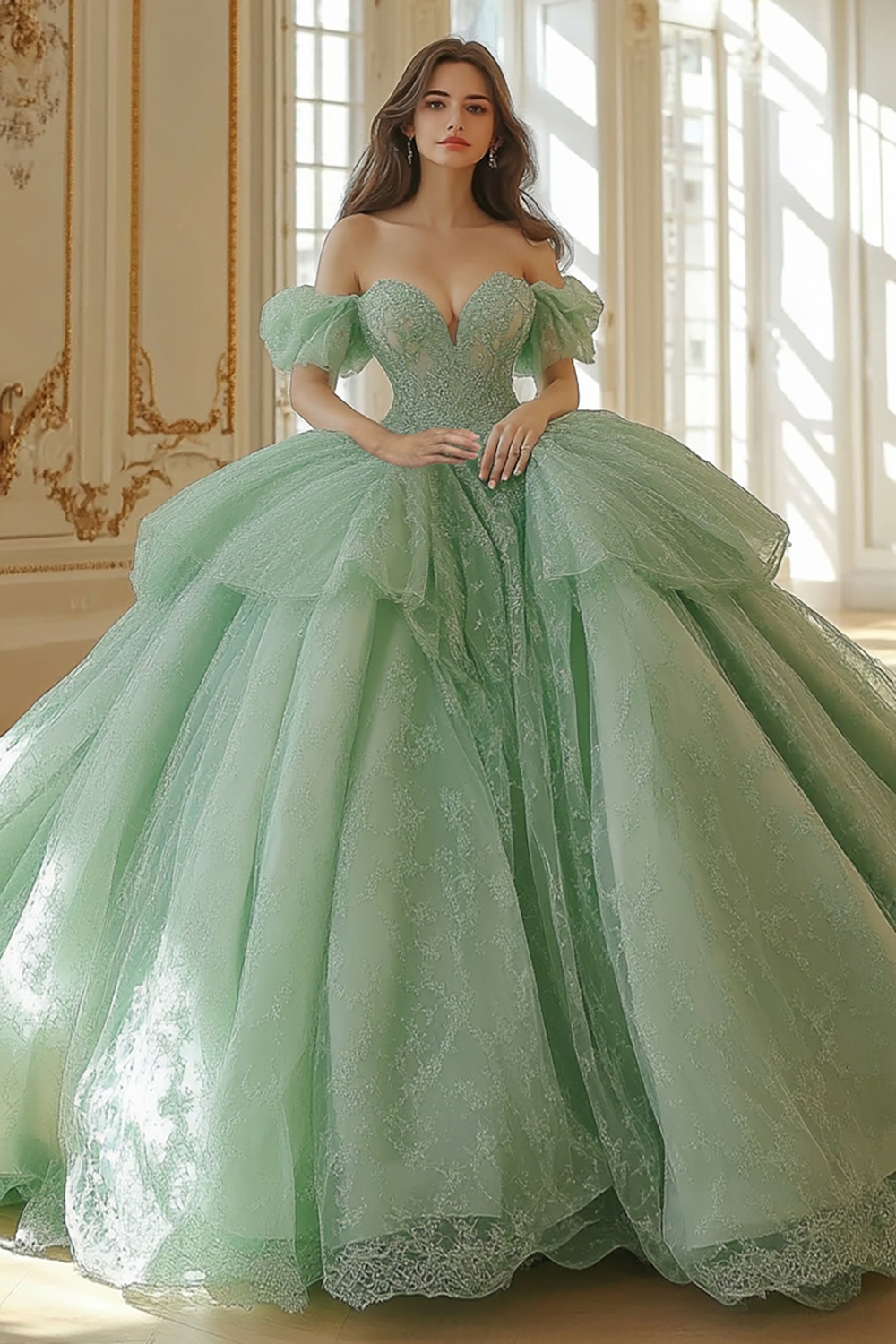 Graceful Mint Ball Gown Off The Shoulder Ruffle Quinceanera Dress With Lace Appliques