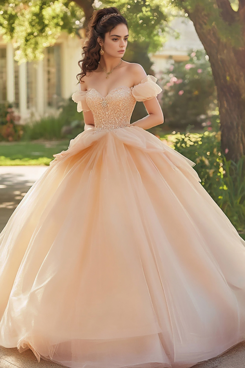 Graceful Champagne Ball Gown Off The Shoulder Tulle Quinceanera Dress With Lace Appliques