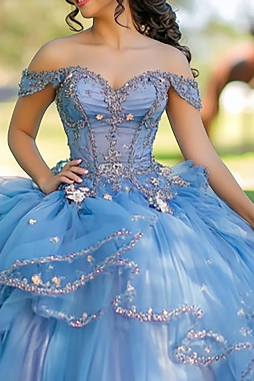 Graceful Blue Ball Gown Off The Shoulder Lace Appliques Quinceanera Dress With Ruffles
