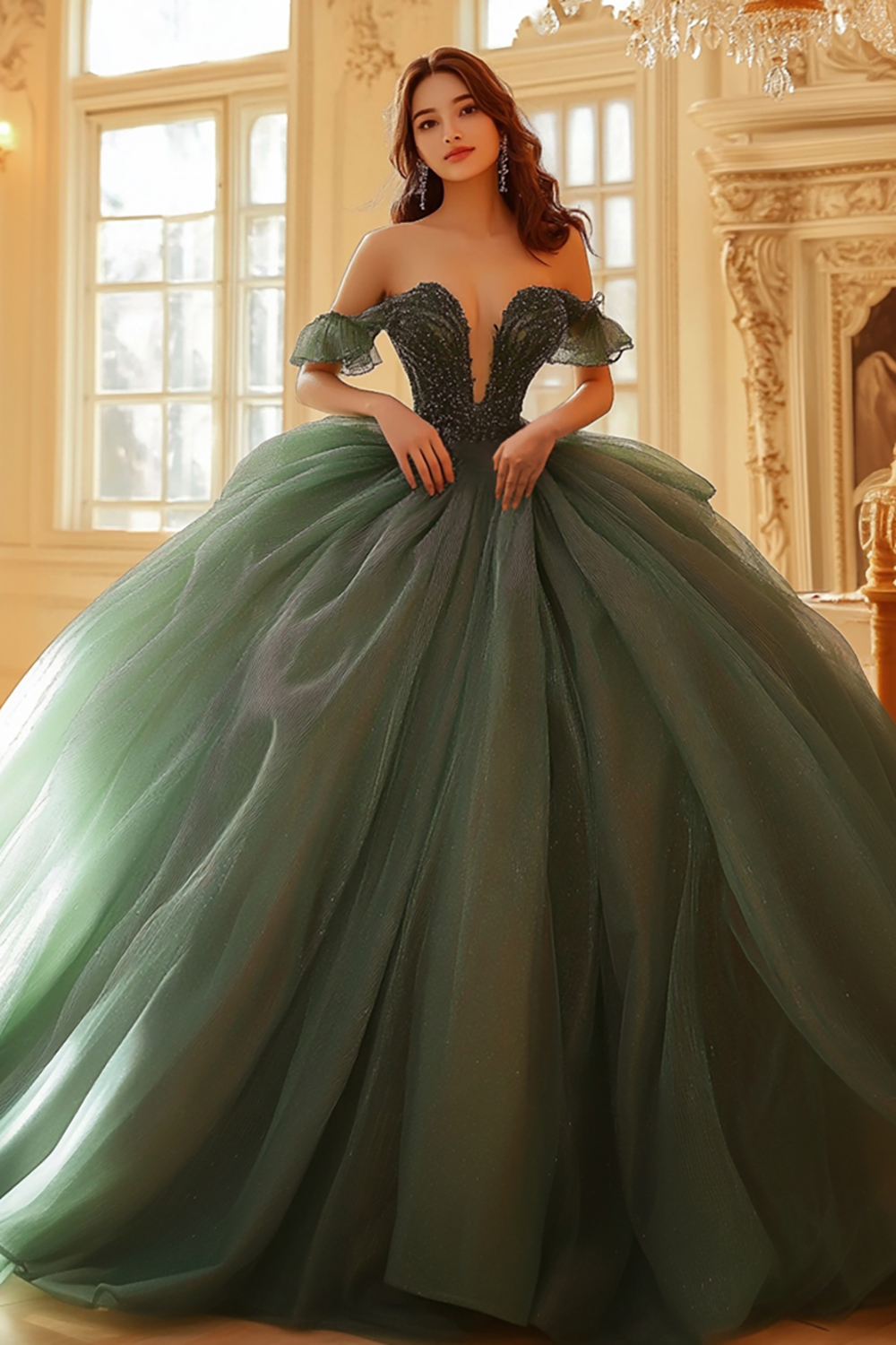 Graceful Olive Ball Gown Off The Shoulder Organza Quinceanera Dress With Lace Appliques