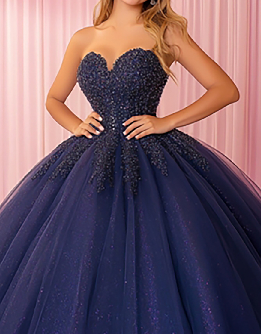 Glitter Navy Ball Gown Sweetheart Sequin Tulle Quinceanera Dress with Appliques