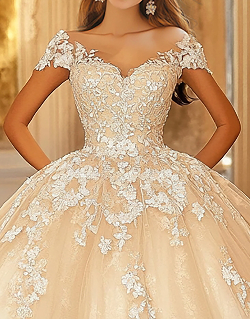 Champagne Off the Shoulder Ball Gown Tulle Quinceanera Dress with Appliques