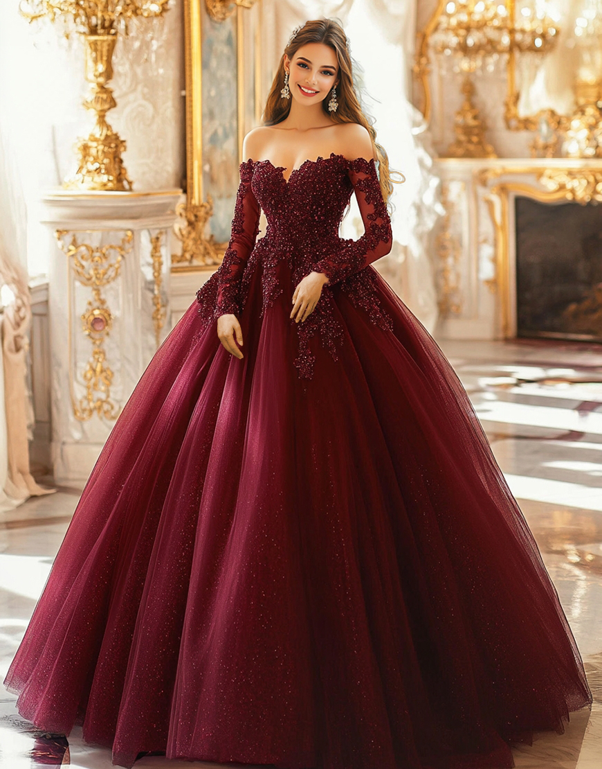 Burgundy Off the Shoulder Princess Applique Tulle Quinceanera Dress with Long Sleeves