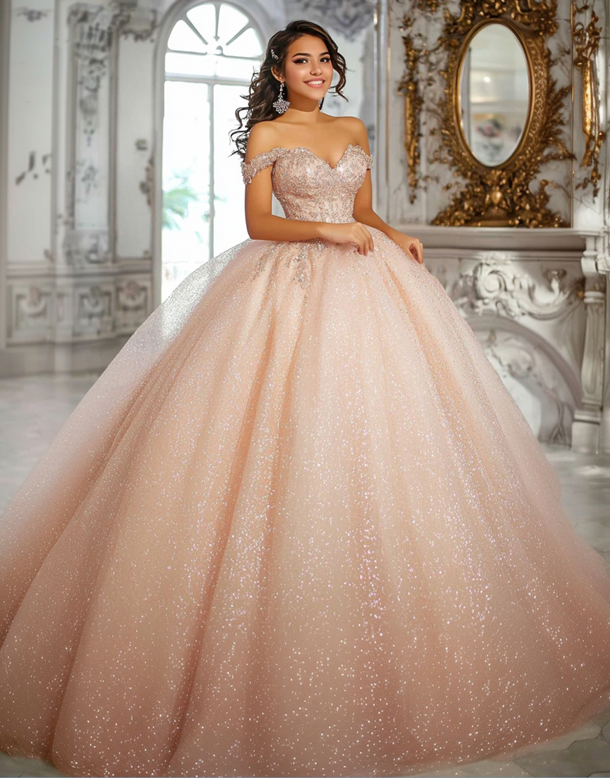 Sparkly Champagne Off the Shoulder Sequin Tulle Princess Quinceanera Dress with Appliques