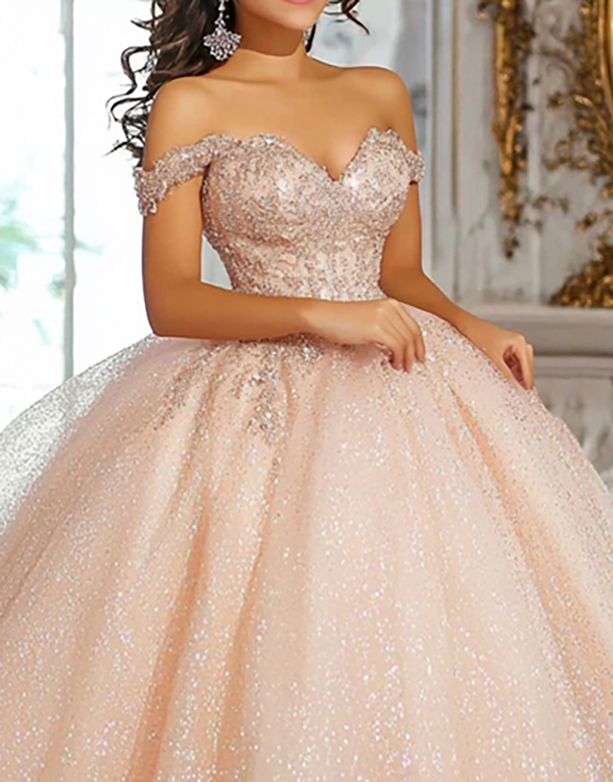 Sparkly Champagne Off the Shoulder Sequin Tulle Princess Quinceanera Dress with Appliques