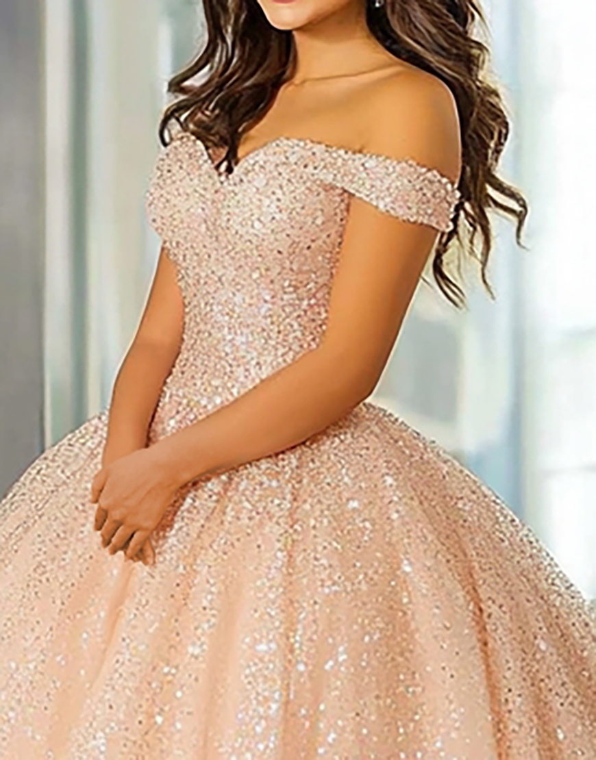 Sparkly Champagne Tulle Ball Gown Off the Shoulder Sequin Quinceanera Dress