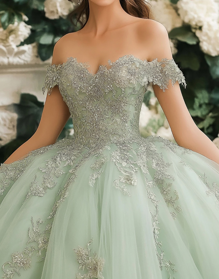 Dusty Sage Tulle Ball Gown Off the Shoulder Applique Quinceanera Dress