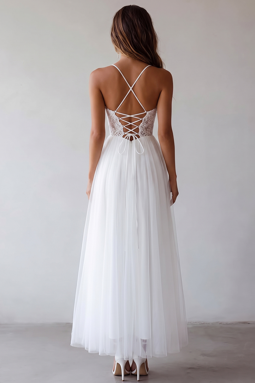 Cute White A Line Tulle Long Rehearsal Dinner Dress with Embroidery