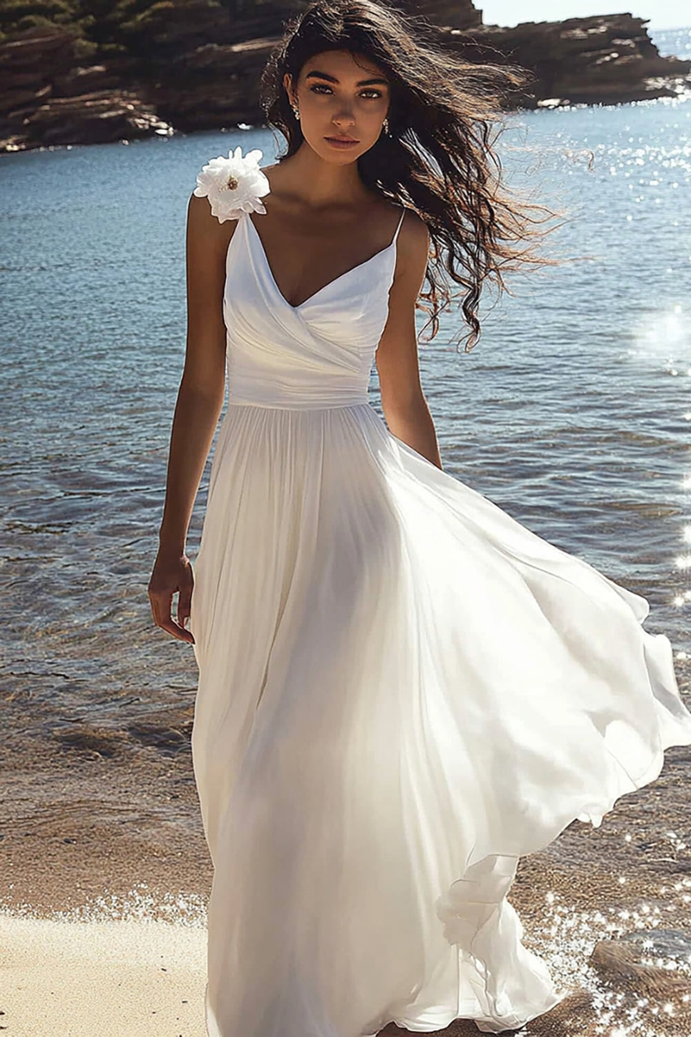White A Line Floor Length Chiffon Rehearsal Dinner Dress with Flowers