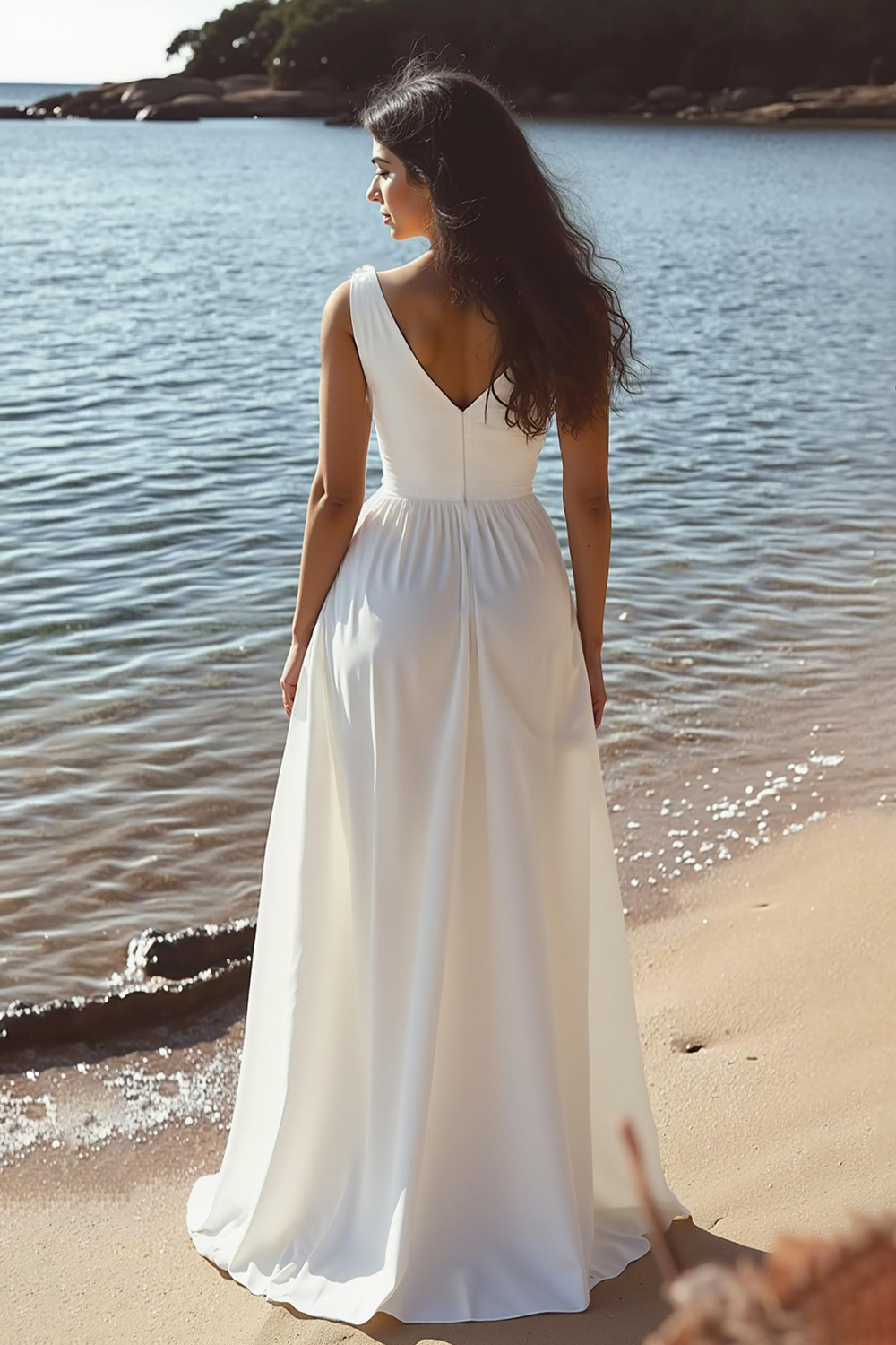 White Chiffon A Line V-Neck Long Rehearsal Dinner Dress with Ruffles