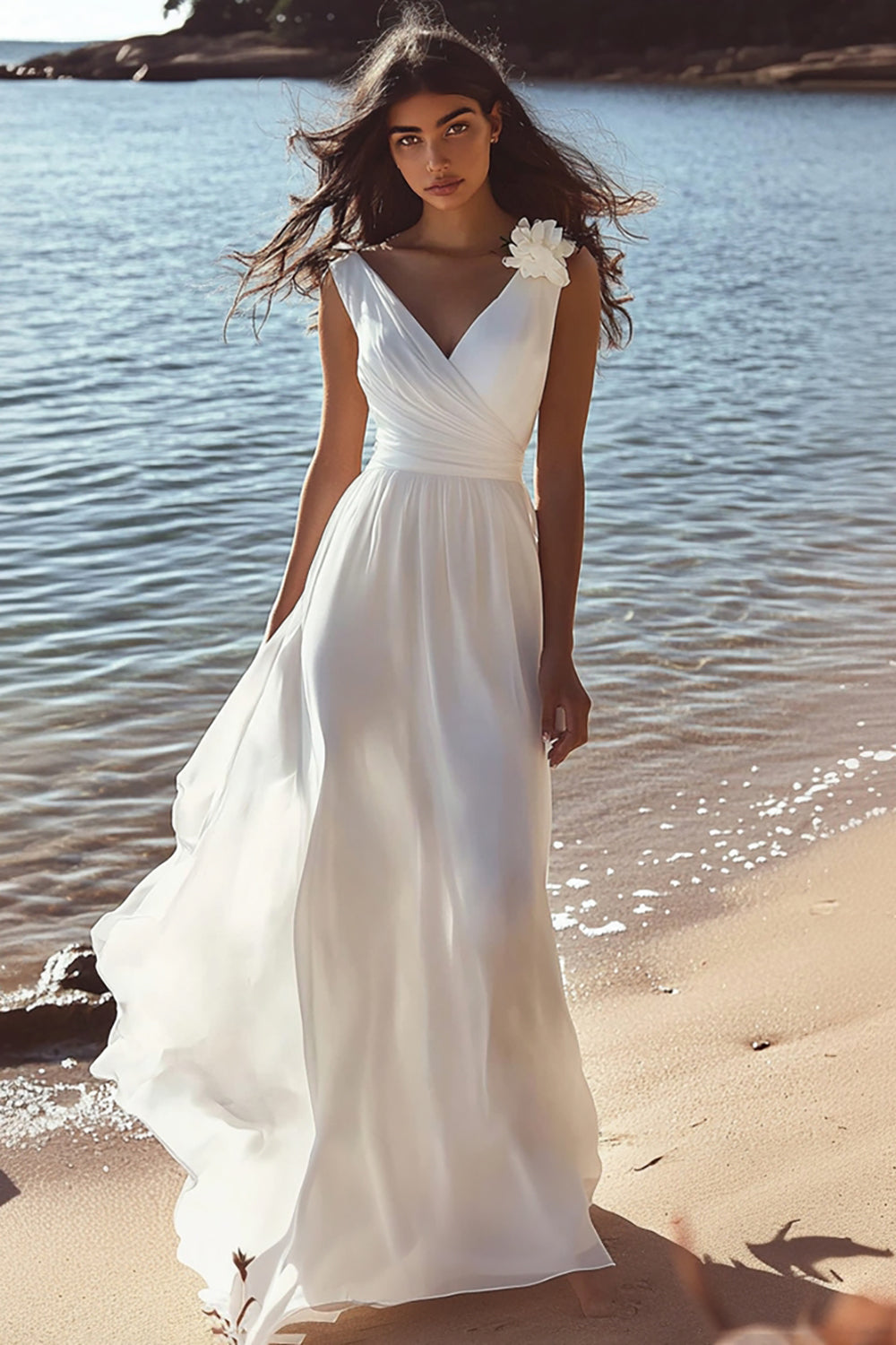 A Line White Chiffon Long Rehearsal Dinner Dress with Flowers V-Neck Ruched Wedding Engagement Dress