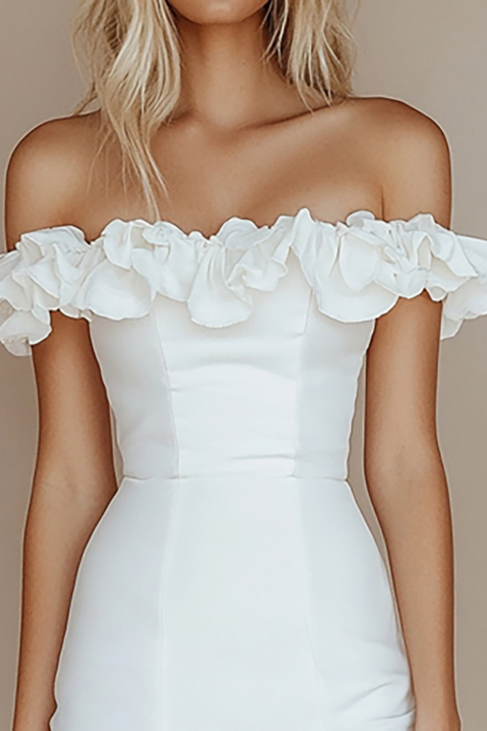 White Off the Shoulder Bodycon Graduation Dress with Ruffles