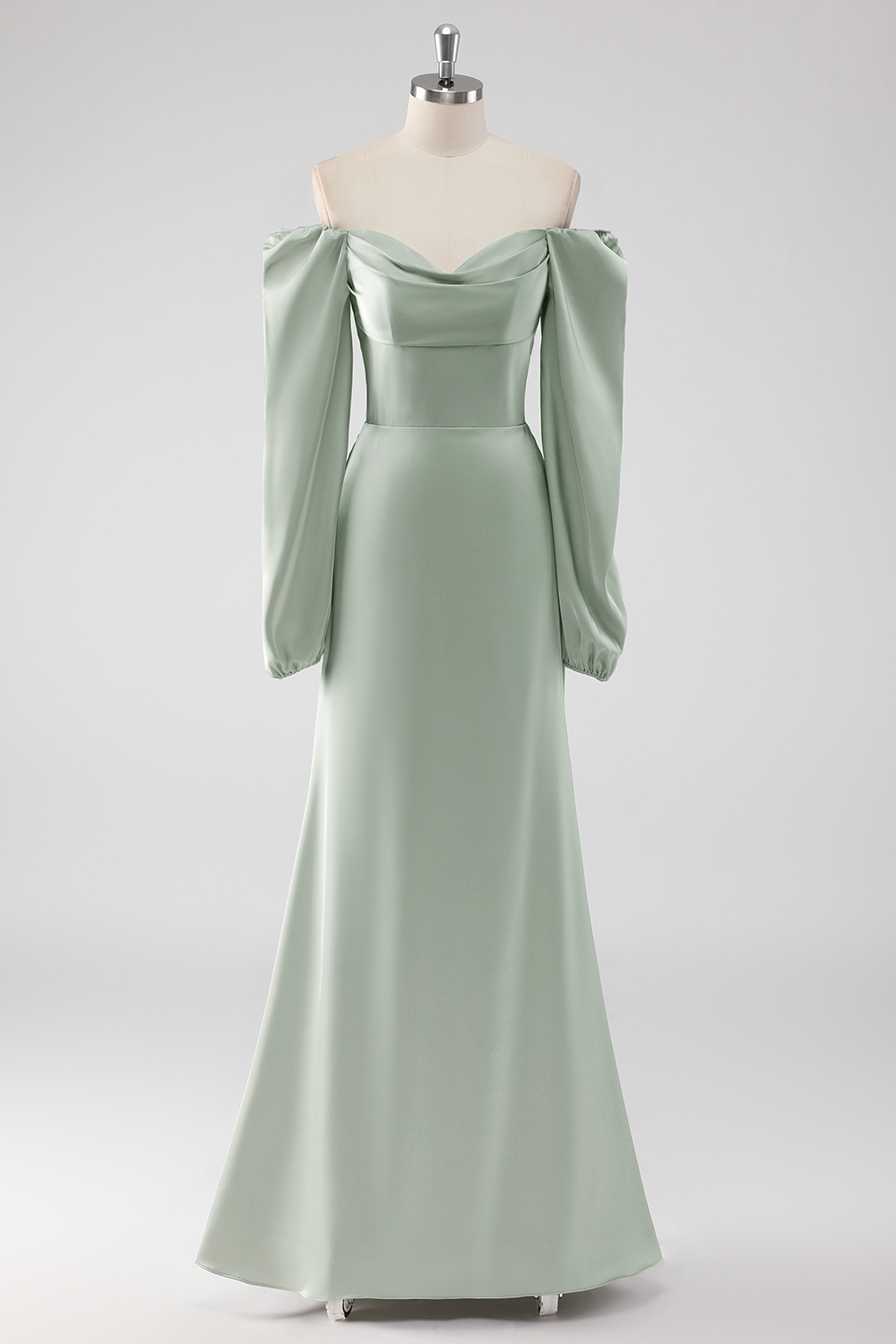 Sage Green Square Neck Sheath Long Prom Dress with Long Sleeves