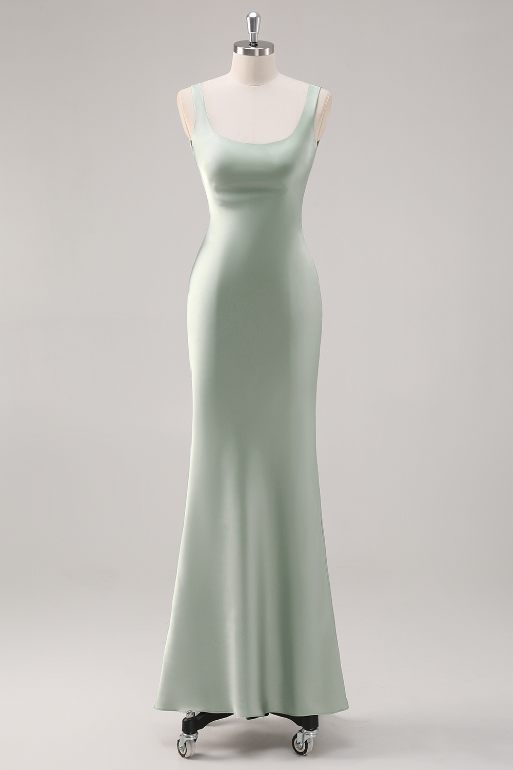 Sage Green Satin Spaghetti Straps Mermaid Long Prom Dress with Open Back