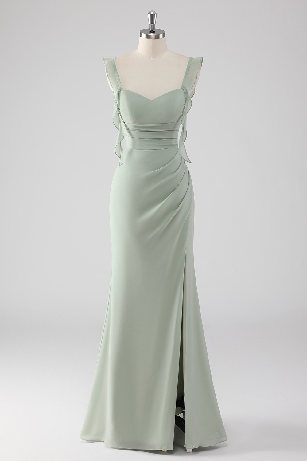 Sage Green Satin Mermaid Spaghetti Straps Ruched Long Prom Dress with Slit