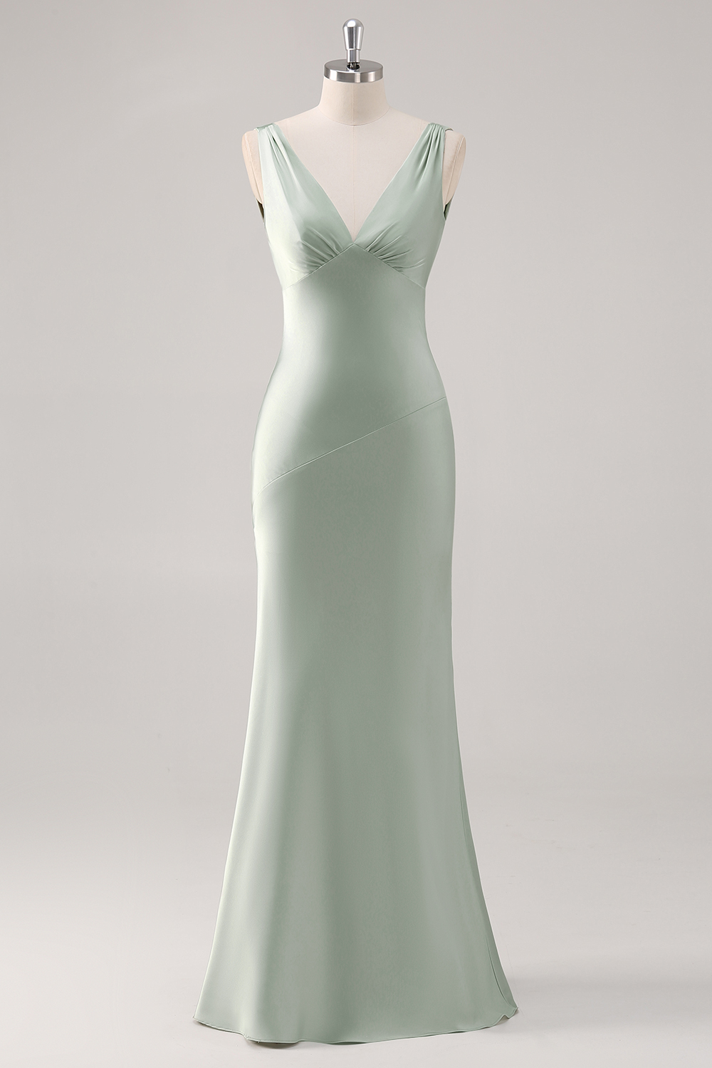 Sage Green V-Neck Mermaid Satin Long Prom Dress with Open Back