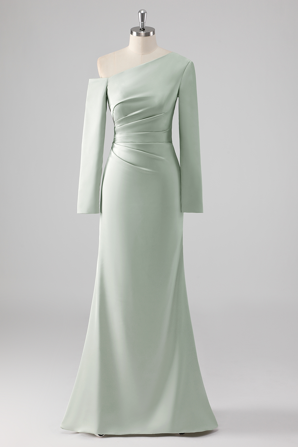 Sage Satin Green One Shoulder Sheath Ruched Long Prom Dress with Long Sleeves