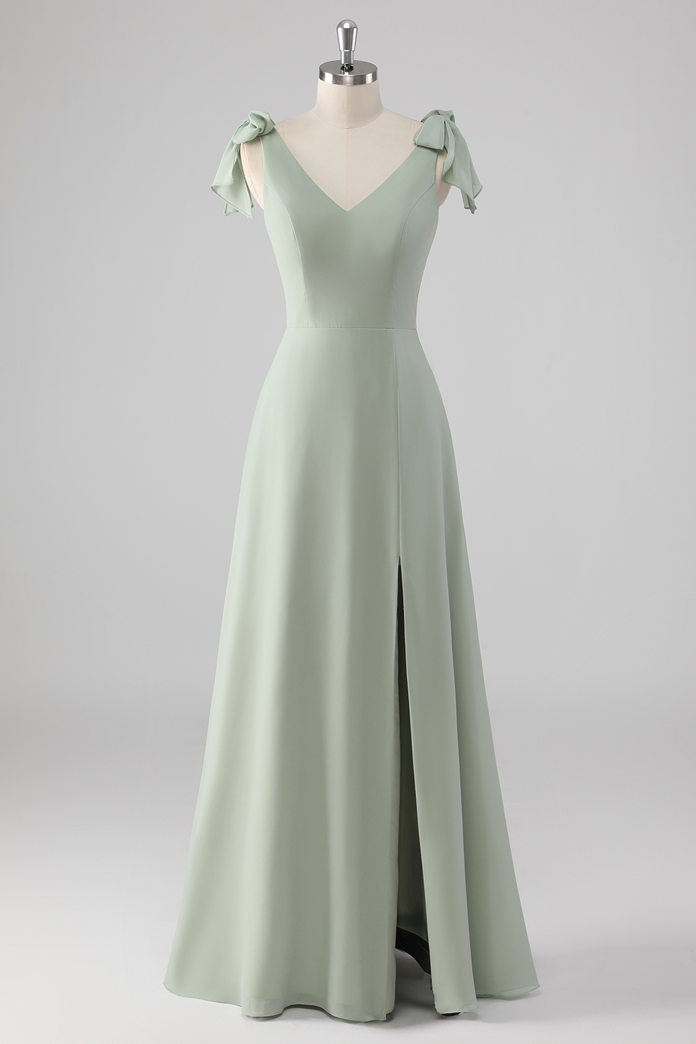 Sage Green V-Neck A-Line Long Prom Dress with Slit