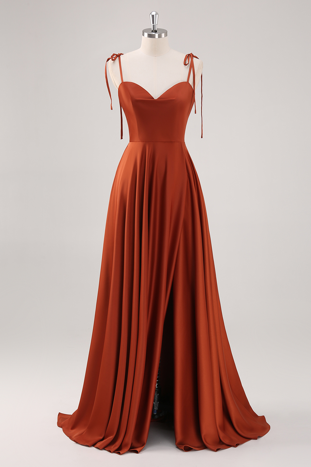 Rust Open Back Spaghetti Straps A-Line Long Prom Dress with Slit