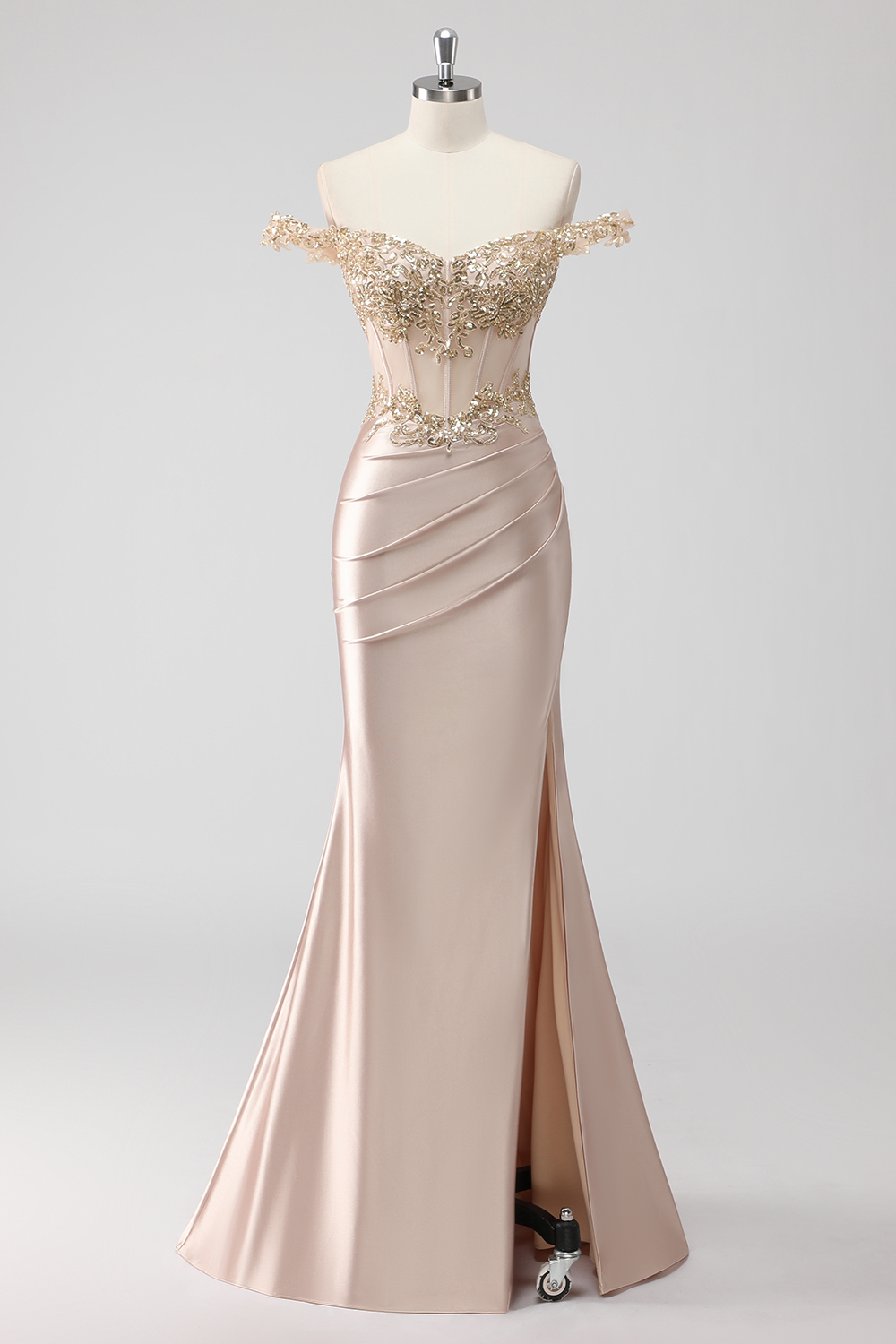 Champagne Satin Off the Shoulder Sheath Long Corset Prom Dress with Slit