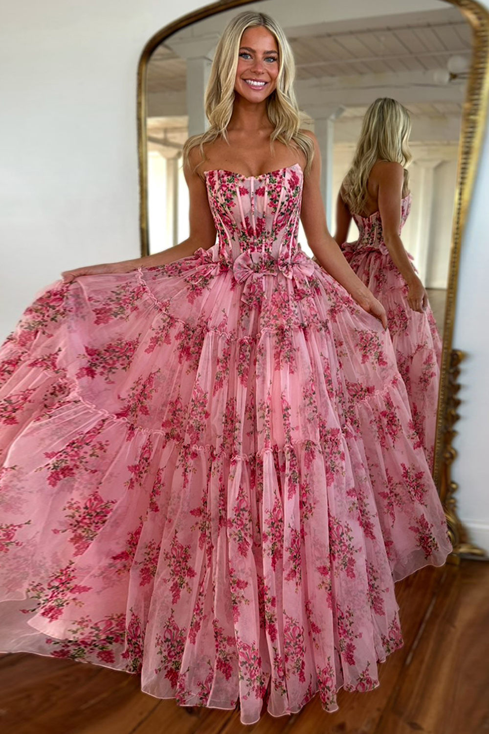 Floral Blush Corset Strapless A Line Prom Dress with Slit