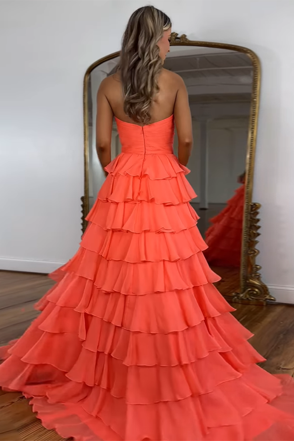 Orange Sweetheart Princess Tiered Long Prom Dress