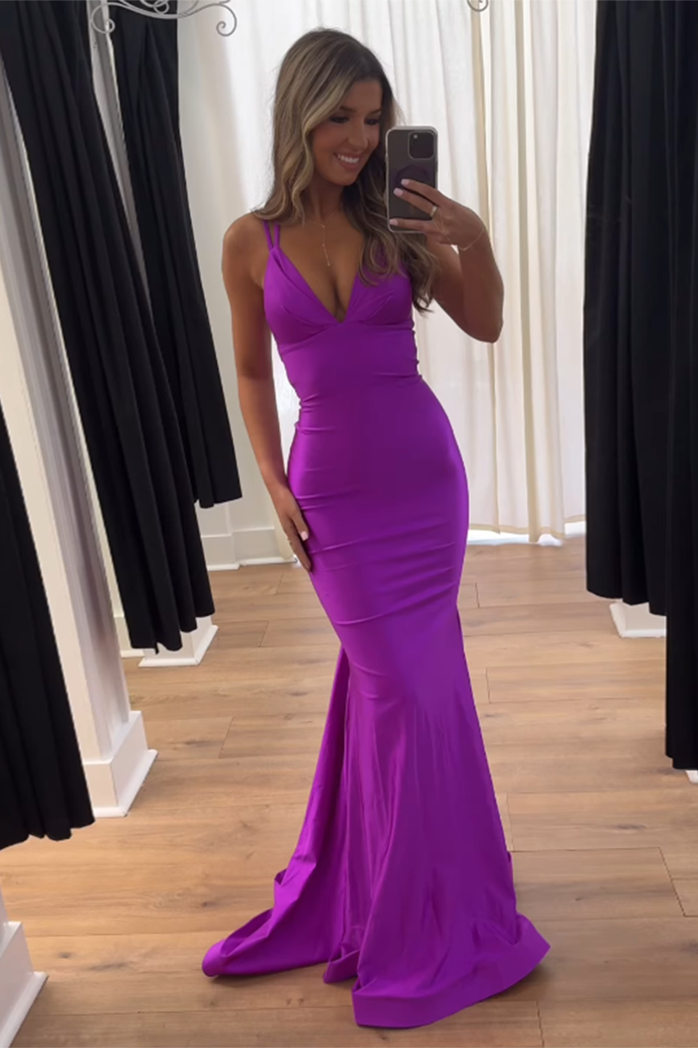 Blue Satin Spaghetti Straps Mermaid Deep V-Neck Long Prom Dress