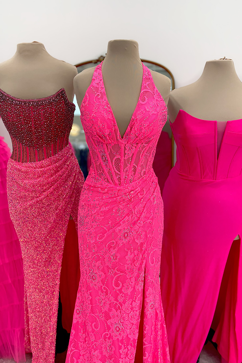 Pink Halter Mermaid Long Corset Prom Dress with Slit