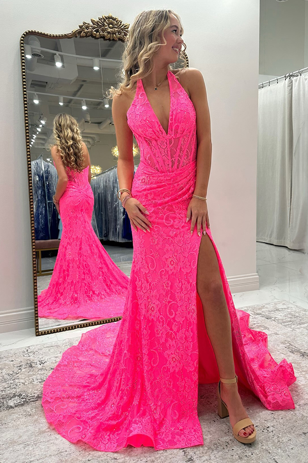 Pink Halter Mermaid Long Corset Prom Dress with Slit