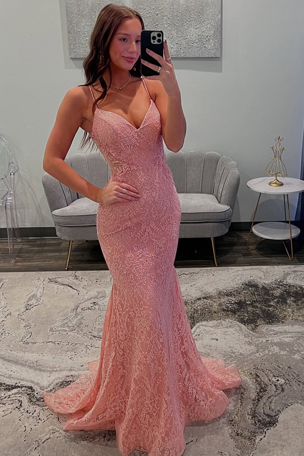 Pink Lace Spaghetti Straps Mermaid Long Prom Dress