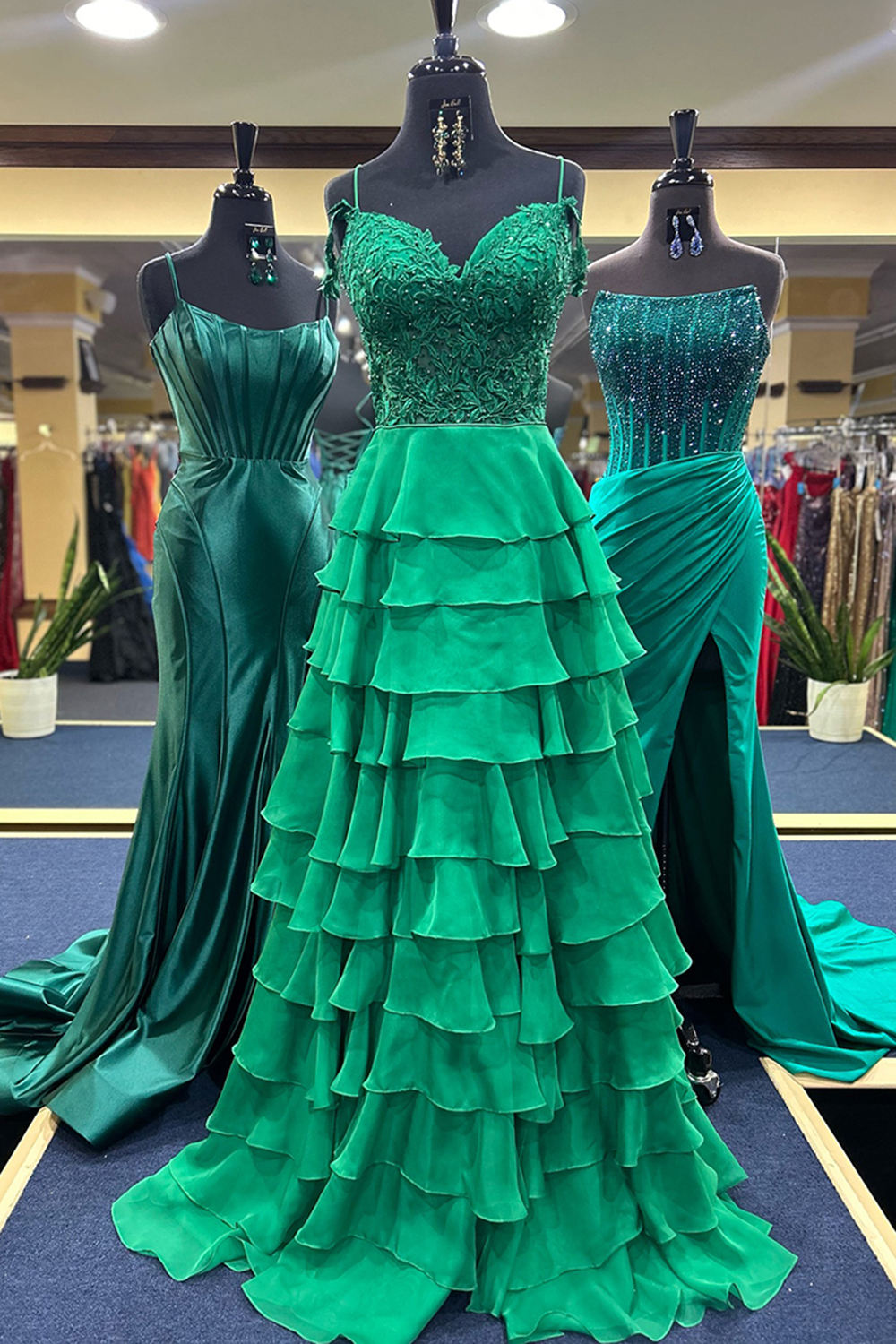 Dark Green A Line Chiffon Tiered Long Prom Dress with Lace