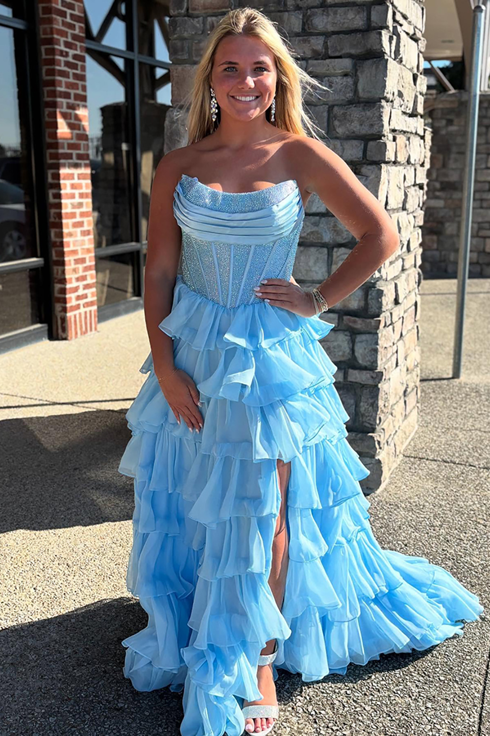 Sparkly Royal Blue A Line Chiffon Tiered Long Corset Prom Dress with Slit