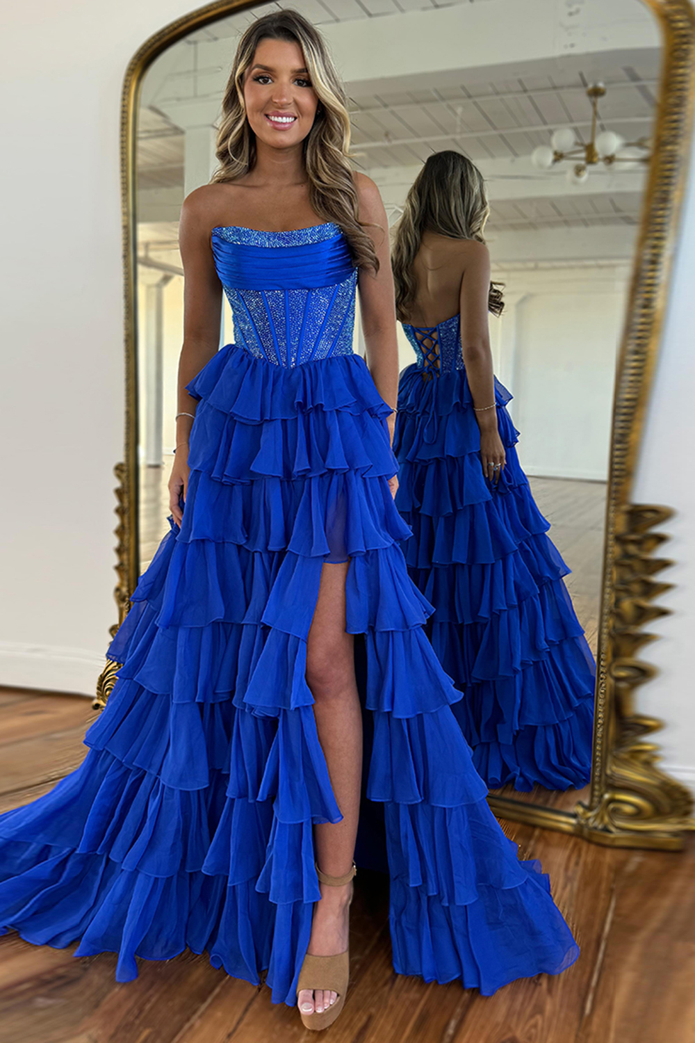 Sparkly Light Blue Corset A Line Long Chiffon Prom Dress