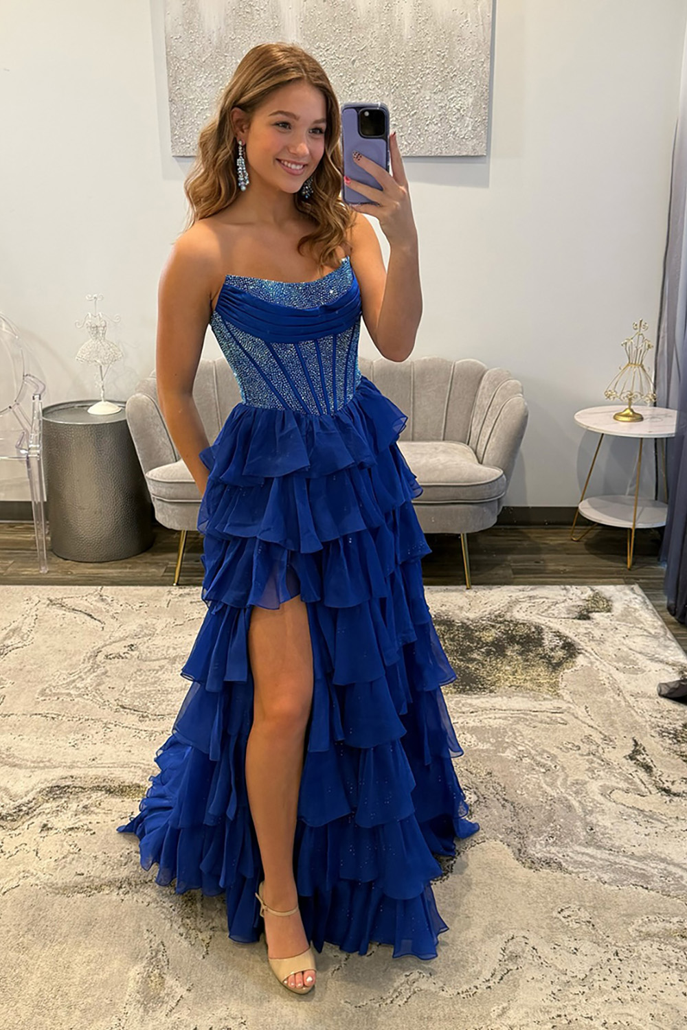 Navy Sparkly Strapless Corset A Line Long Chiffon Prom Dress