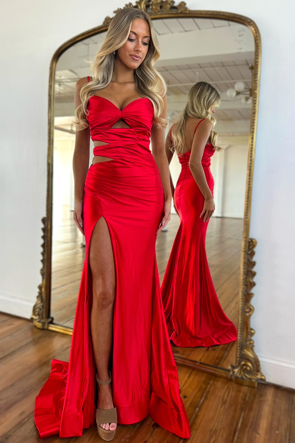 Royal Blue Spaghetti Straps Mermaid Satin Cut-out Long Prom Dress with Slit