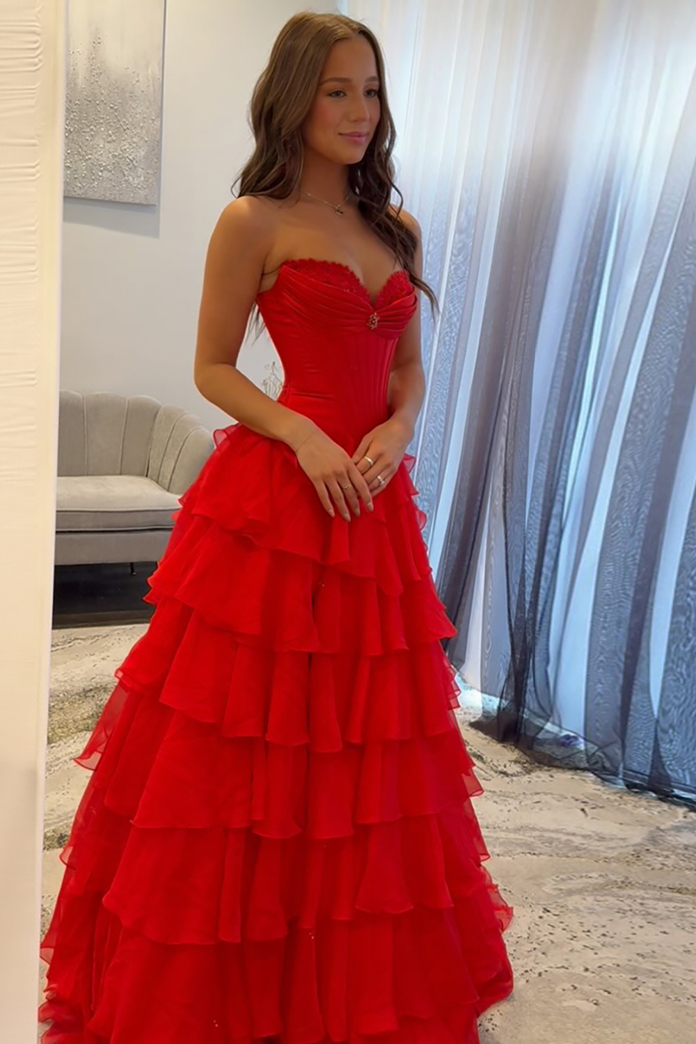 Red A Line Strapless Tiered Corset Long Chiffon Prom Dress