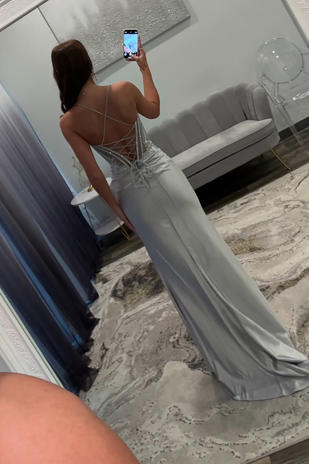 Sparkly Silver Corset Spaghetti Straps Long Satin Prom Dress with Slit