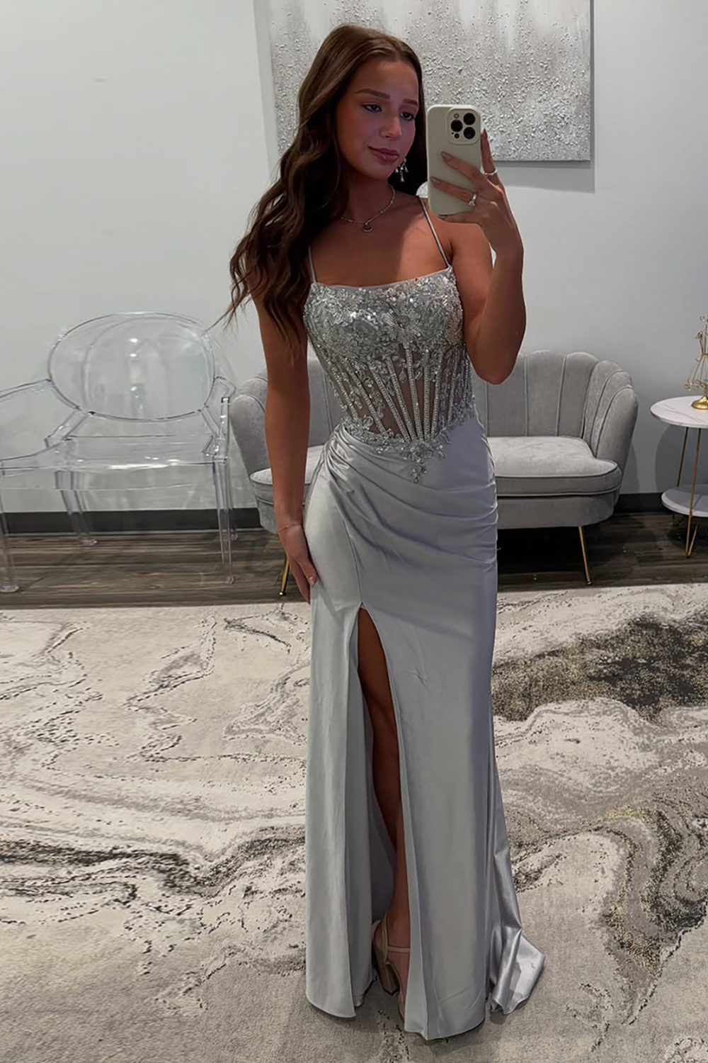 Sparkly Silver Corset Spaghetti Straps Long Satin Prom Dress with Slit