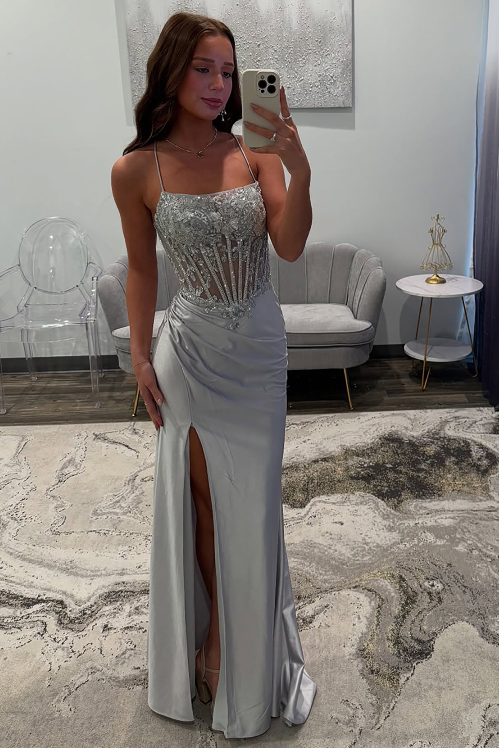 Sparkly Silver Corset Spaghetti Straps Long Satin Prom Dress with Slit