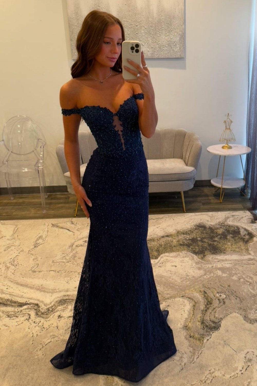 Sparkly Off the Shoulder Navy Mermaid Corset Long Lace Prom Dress