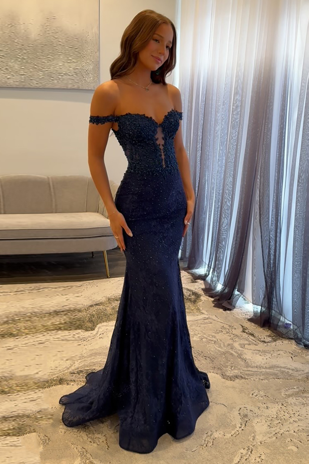 Off the Shoulder Navy Mermaid Long Lace Prom Dress