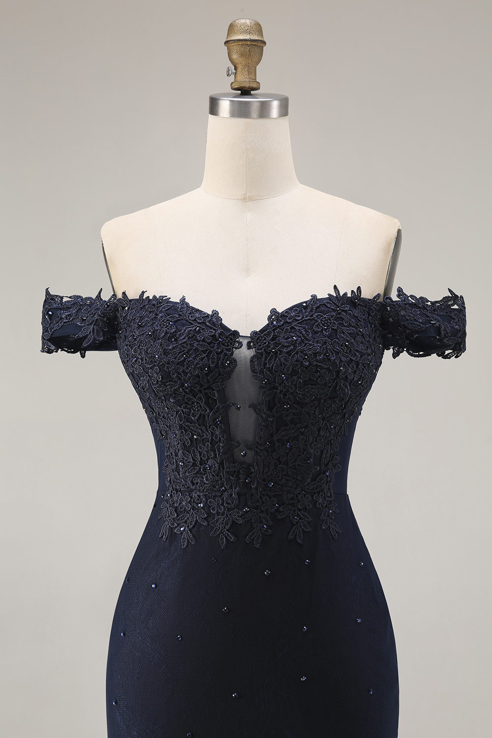 Sparkly Off the Shoulder Navy Mermaid Corset Long Lace Prom Dress