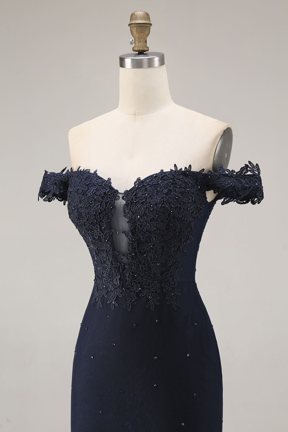 Sparkly Off the Shoulder Navy Mermaid Corset Long Lace Prom Dress