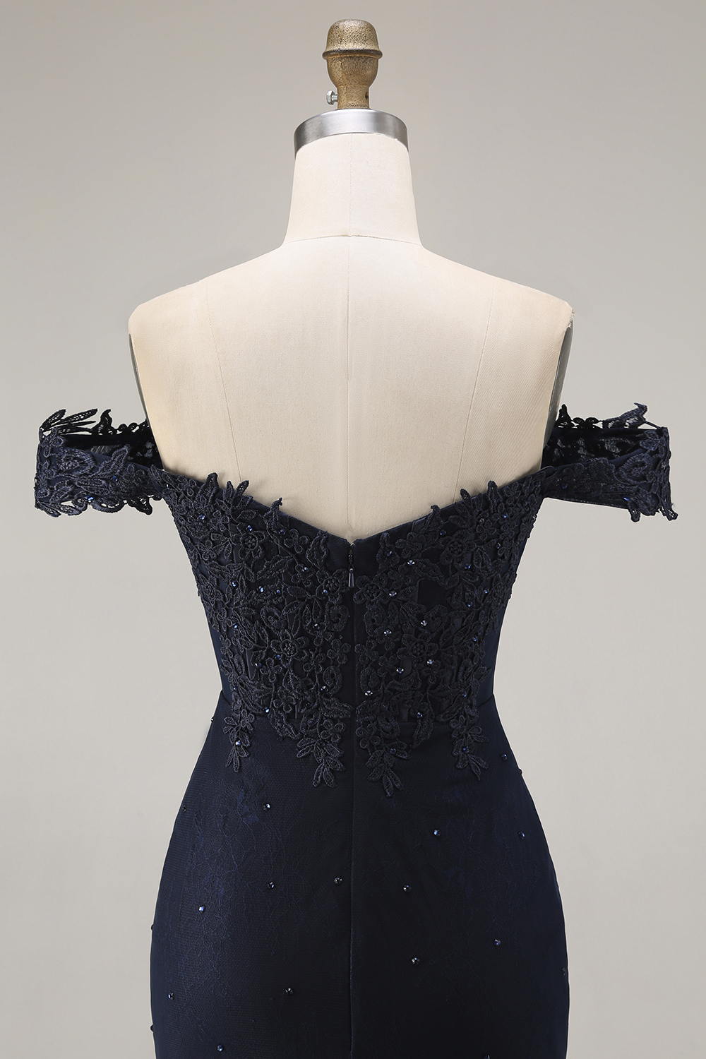 Sparkly Off the Shoulder Navy Mermaid Corset Long Lace Prom Dress